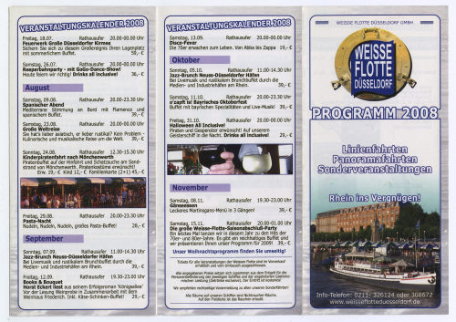 Weisse Flotte Düsseldorf GmbH (Beteiligte Institution), WEISSE FLOTTE DÜSSELDORF. PROGRAMM 2008. Linienfahrten. Panoramafahrten. Sonderveranstaltungen. Rhein ins Vergnügen!, 2008