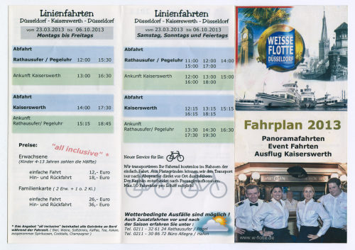 Weisse Flotte Düsseldorf GmbH (Beteiligte Institution), WEISSE FLOTTE DÜSSELDORF. Fahrplan 2013. Panoramafahrten. Event Fahrten. Ausflug Kaiserswerth, 2013