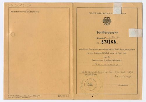 Deutschland (Bundesrepublik). Wasser- und Schiffahrtsdirektion (Duisburg) (Beteiligte Institution), Schifferpatent Nr. 675/58 von Wilhelm Förster, 1958