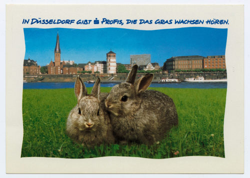 Stadt-Sparkasse Düsseldorf (Beteiligte Institution), Postkarte "IN DÜSSELDORF GIBT [S] PROFIS, DIE DAS GRAS WACHSEN HÖREN.", 20./21. Jahrhundert