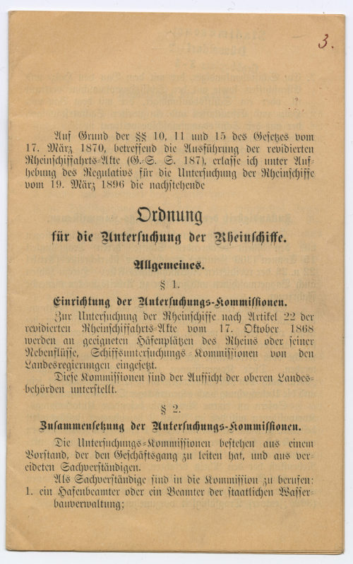 Unbekannt (Hersteller*in), Ordnung für die Untersuchung der Rheinschiffe., März 1870