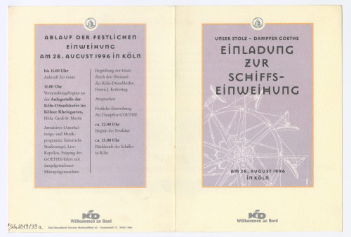 Köln-Düsseldorfer Deutsche Rheinschiffahrt AG (Beteiligte Institution), UNSER STOLZ - DAMPFER GOETHE. EINLADUNG ZUR SCHIFFS-EINWEIHUNG, 1996