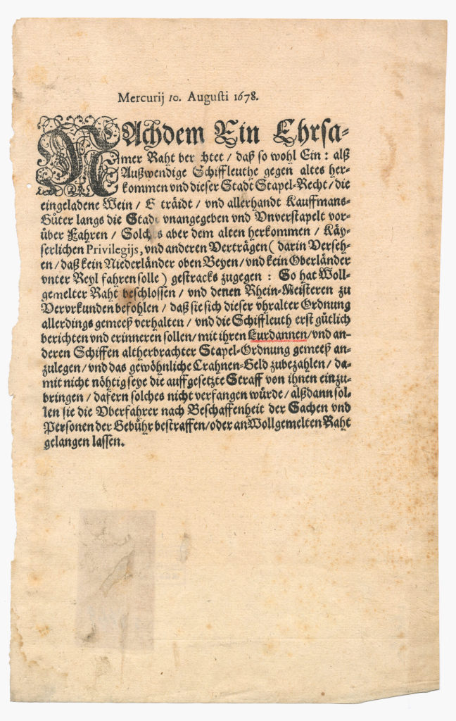 Erlass des Kölner Rates betreffend Stapelrecht "Nachdem Ein Ehrsamer Raht [...]"