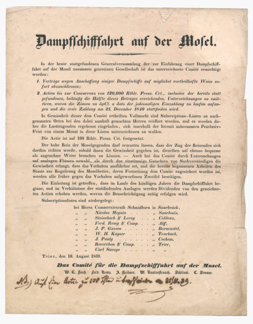 Mosel-Dampfschifffahrts-Gesellschaft in Trier (Beteiligte Institution), Dampfschifffahrt auf der Mosel., 10.08.1839