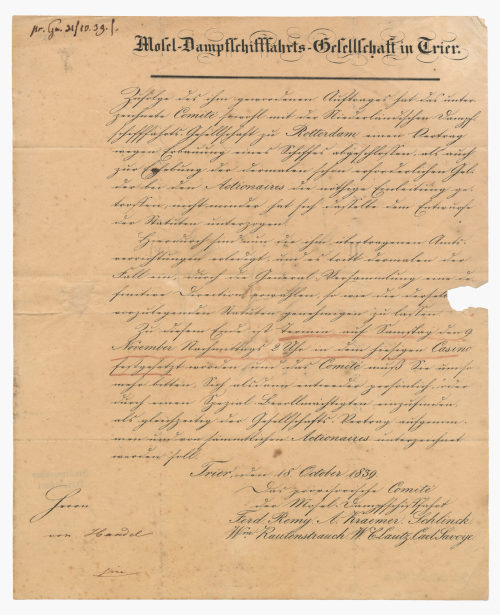 Mosel-Dampfschifffahrts-Gesellschaft in Trier (Beteiligte Institution), Einladung "Mosel-Dampfschifffahrts-Gesellschaft in Trier", 18.10.1839