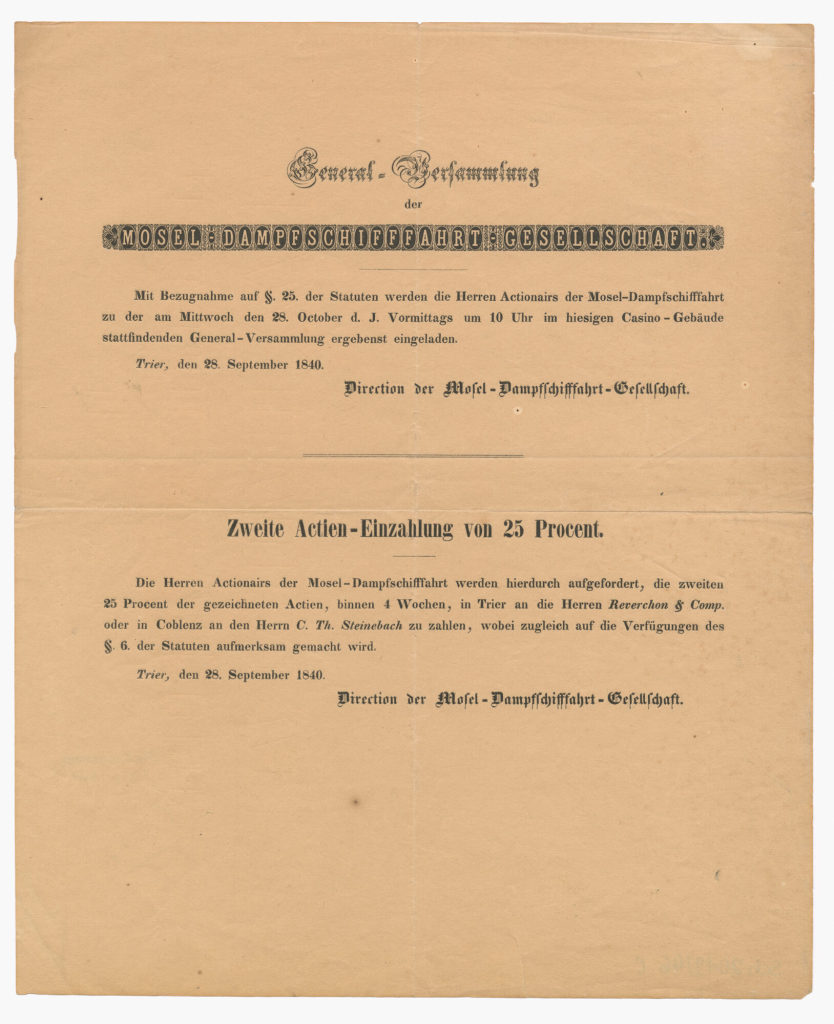 Einladung "General-Versammlung der Mosel- Dampfschifffahrt-Gesellschaft"
