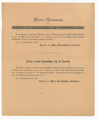 Einladung "General-Versammlung der Mosel- Dampfschifffahrt-Gesellschaft"
