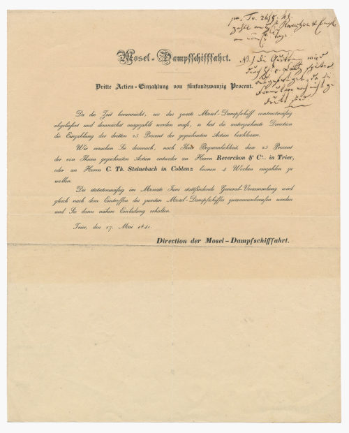 Mosel-Dampfschifffahrts-Gesellschaft in Trier (Beteiligte Institution), Einladung "Mosel-Dampfschifffahrt. Dritte Actien-Einzahlung von fünfundzwanzig Procent.", 1841