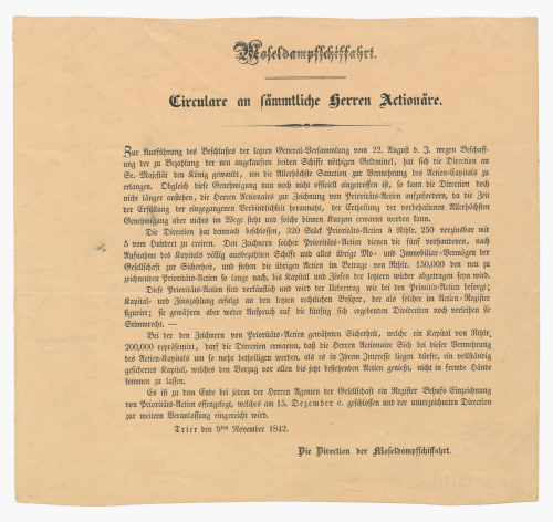 Mosel-Dampfschifffahrts-Gesellschaft in Trier (Beteiligte Institution), Rundschreiben "Moseldampfschiffahrt. Circulare an sämmtliche Herren Actionäre.", 1842