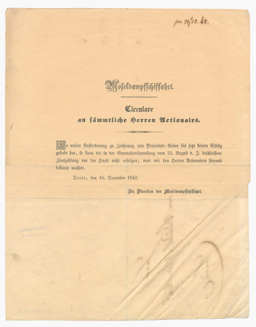 Mosel-Dampfschifffahrts-Gesellschaft in Trier (Beteiligte Institution), Rundschreiben "Moseldampfschiffahrt. Circulare an sämmtliche Herren Actionairs.", 1842