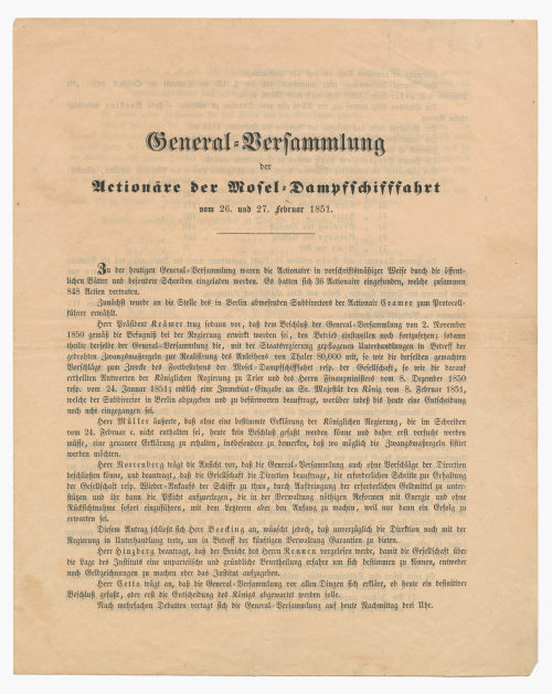 Mosel-Dampfschifffahrts-Gesellschaft in Trier (Beteiligte Institution), Bericht "General-Versammlung der Actionäre der Mosel-Dampfschifffahrt", 1851