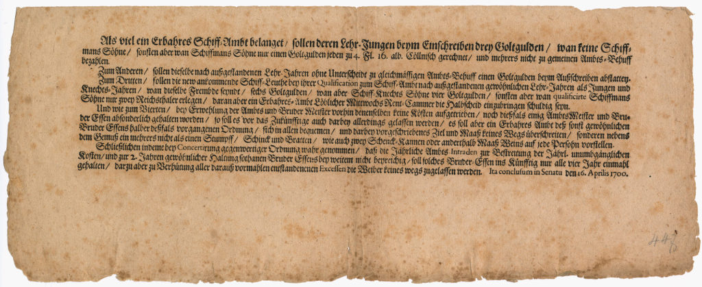 Textanfang Als viel ein Erbahres Schiff-Ambt belanget / sollen deren Lehr. Jungen beym Einschreibendrey Goltgulden / wan keine Schiffmans Söhne [...]