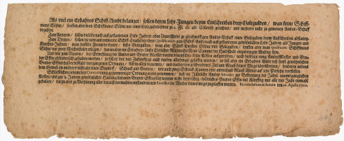Unbekannt (Beteiligte Institution), Textanfang Als viel ein Erbahres Schiff-Ambt belanget / sollen deren Lehr. Jungen beym Einschreibendrey Goltgulden / wan keine Schiffmans Söhne [...], 16.04.1700