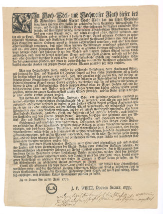 Erlass des Kölner Rates  betr. Stapelwidriger Schleichhandel, 21. Juni 1773