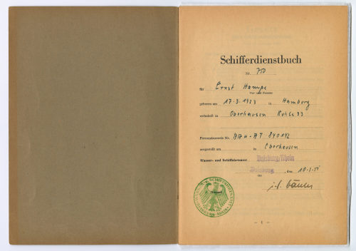 Deutschland. Wasserstraßen- und Schifffahrtsamt Duisburg-Rhein (Beteiligte Institution), Schifferdienstbuch Nr. 750 für Ernst Hampe, 1950-1953