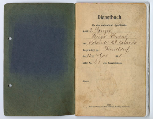 Emil Hadtstein (Druck), Dienstbuch für den Schiffsheizer Hugo Kadatz, 1908