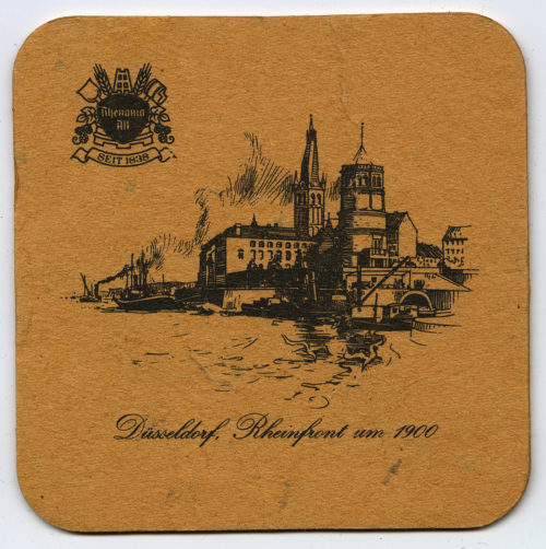 Brauerei Rhenania Alt (Beteiligte Institution), Bierdeckel "Düsseldorf, Rheinfront um 1900", n.d.