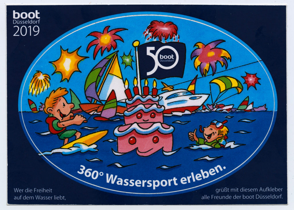Postkarte "boot Düsseldorf 2019. 360° Wassersport erleben. Wer die Freiheit auf dem Waser liebt, grüßt mit diesem Aufkleber alle Freunde der boot Düsseldorf."