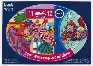 Postkarte "boot Düsseldorf 2020. 360° Wassersport erleben. Wer die Freiheit auf dem Waser liebt, grüßt mit diesem Aufkleber alle Freunde der boot Düsseldorf."