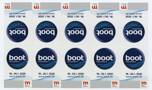 Boot Düsseldorf (Düsseldorf) (Beteiligte Institution), Aufkleber "boot Düsseldorf 18.-26.1.2020 www.boot.de", um 2020
