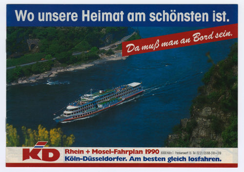 Unbekannt (Hersteller*in), Wo unsere Heimat am schönsten ist. Da muß man an Bord sein. Rhein-Mosel-Fahrplan 1990. Köln-Düsseldorf. Am besten gleich losfahren., 1990