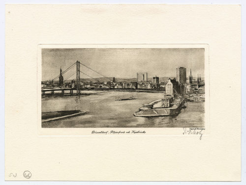 Unbekannt (Urheber*in), Düsseldorf, Rheinfront mit Kniebrücke, 20. Jahrhundert