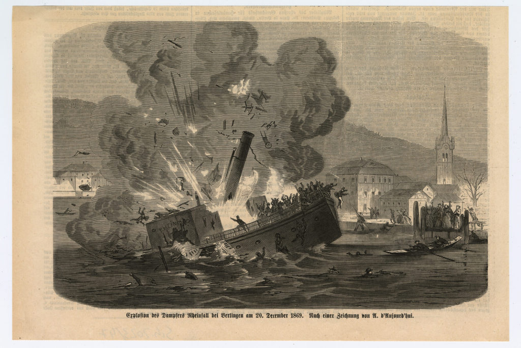 Explosion des Dampfers Rheinfall bei Berlingen am 20. December 1869.