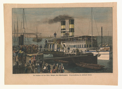 Ferdinand Lindner (Zeichner*in), Die Schiffahrt auf dem Rhein: Anlegen eines Schnelldampfers., nach/ after 1880