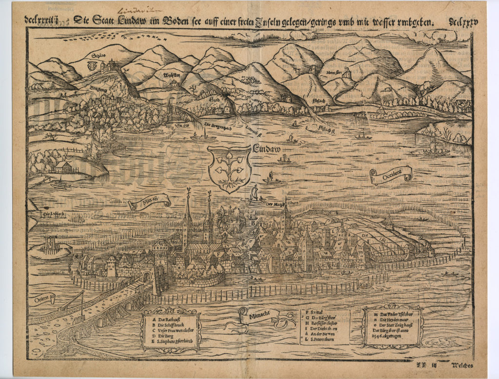 Die Statt Lindaw im Boden see auff einer freien Inseln gelegen/gerings umb mit wasser umgeben.