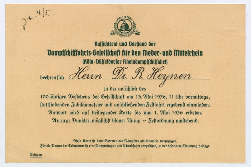 Reinhard Heynen (Erwähnt), Eintrittskarte "100jähriges Bestehens der Dampfschifffahrts-Gesellschaft für den Nieder- und Mittelrhein (Köln-Düsseldorfer Rheindampfschiffahrt)", 1936