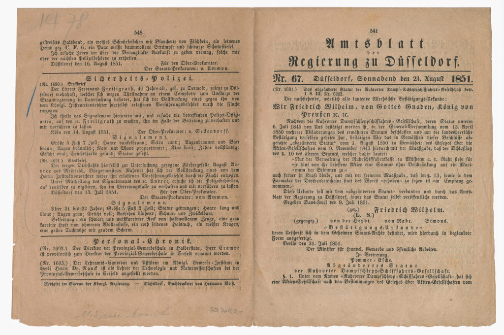 Amtsblatt der Regierung zu Düsseldorf, betreffend Ruhrorter Schiffahrt