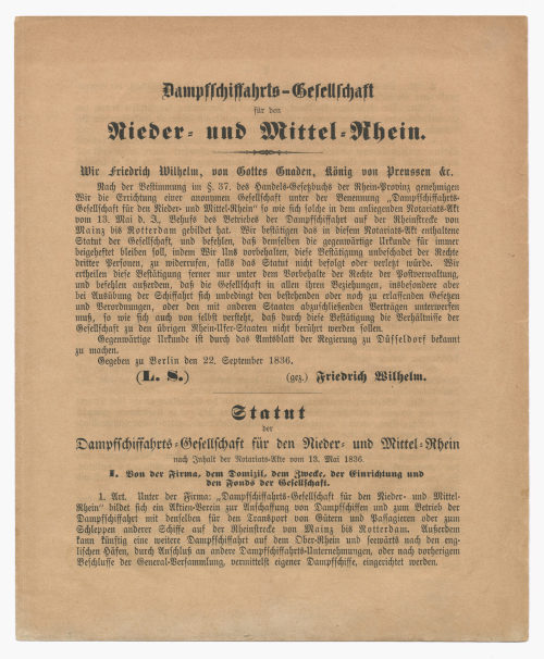 Unbekannt (Hersteller*in), Statut und Nachtrag zum Statut der "Dampfschiffahrts-Gesellschaft für den Nieder- und Mittel-Rhein", 1836-1842