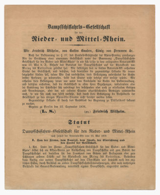 Statut und Nachtrag zum Statut der "Dampfschiffahrts-Gesellschaft für den Nieder- und Mittel-Rhein"