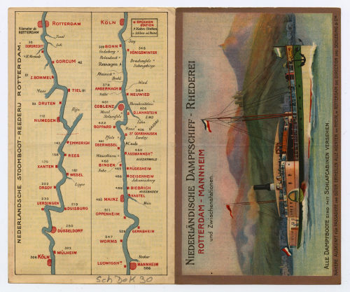 Niederländische Dampfschiff-Reederei (Beteiligte Institution), Fahrplan "Niederländische Dampfschiff-Rhederei. Rotterdam - Mannheim und Zwischenstationen", 1908