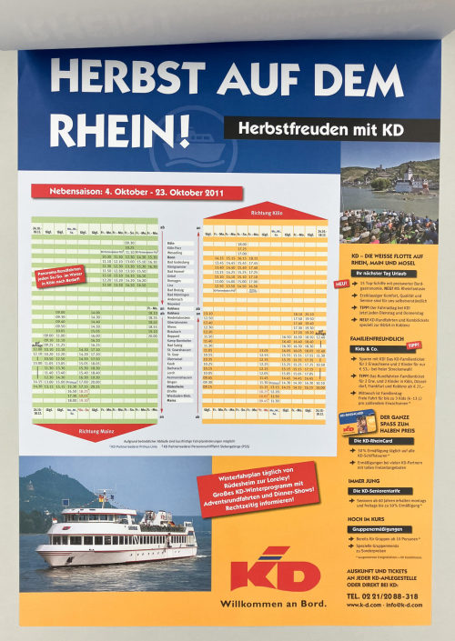 Unbekannt (Hersteller*in), Fahrplan aus zwei Blättern "SOMMER AUF DEM RHEIN! Ihr nächster Tag Urlaub" und "HERBST AUF DEM RHEIN! Herbstfreuden mit KD", 2011