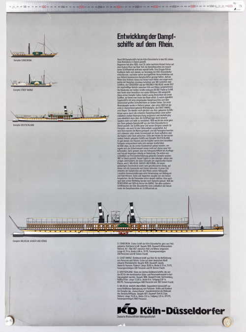 Köln-Düsseldorfer Deutsche Rheinschiffahrt AG (Beteiligte Institution), Plakat "Entwicklung der Dampfschiffe auf dem Rhein.", zweite Hälfte des 20. Jahrhunderts