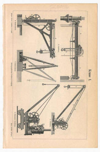 Lexikonauszug mit Artikel "Kran" und zwei Abbildungen: Krane I.", "Krane II."
