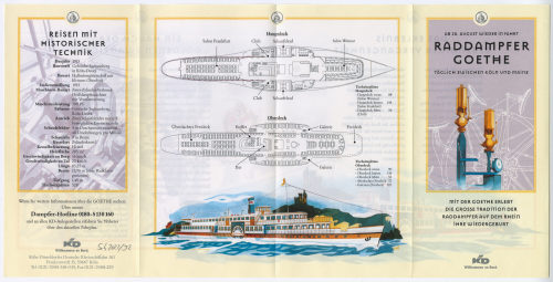 Unbekannt (Hersteller*in), Flyer "RADDAMPFER GOETHE. AB 28. AUGUST WIEDER IN FAHRT. TÄGLICH ZWISCHEN KÖLN UND MAINZ", 1996