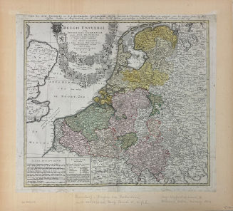 BELGII UNIVERSI seu INFERIORIS GERMANIAE quam XVII PROVINCIAE, Afriaco, Gallico et Batavo Sceptro parentes constituunt, nova Tabula Geographica a Tobia Majero Math., Cult. ad leges legitimae delineationis revocata Cura et Studio Homannianorum Heredum C. P. S. C. M. A.° 1748.