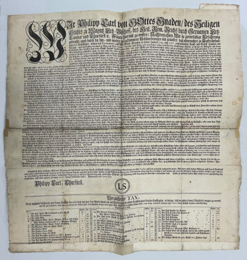 Erzbischof Philipp Carl von Eltz-Kempenich (Beteiligte Person), Textanfang: Wir Philipp Carl von Gottes Gnaden des Heiligen Stuhls zu Maynz [...], 1737