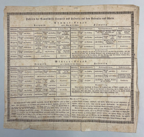 Unbekannt (Hersteller*in), Fahrten der Dampfschiffe Leopold und Helvetia auf dem Bodensee und Rhein., 1832