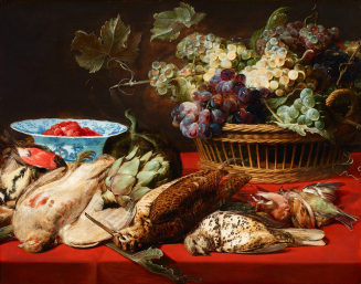 Stillleben - Korb mit Trauben, Vögeln und Erdbeeren