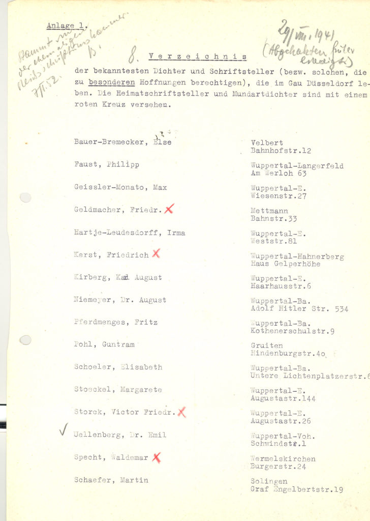 Diverse Adressenverzeichnisse für das "Handschriften-Archiv der Rheinischen Dichter"