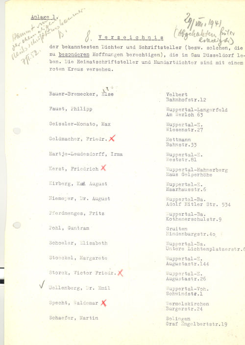 Rolf Bongs <Junior> (Verfasser*in), Diverse Adressenverzeichnisse für das "Handschriften-Archiv der Rheinischen Dichter", 1941