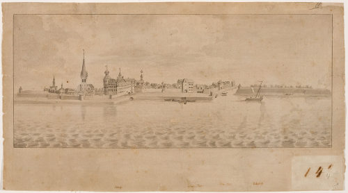 Unbekannt (Künstler*in), Rheinfront der Stadt Düsseldorf mit Schloß und Citadelle um 1620, 17. Jahrhundert/ Century