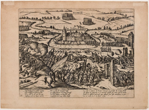 Franz Hogenberg (Künstler*in), Truchsessischer Krieg / Übergabe von Schloss Bedburg (Bedwer) durch Graf Adolf von Neuenahr am 9. März 1584., 1584