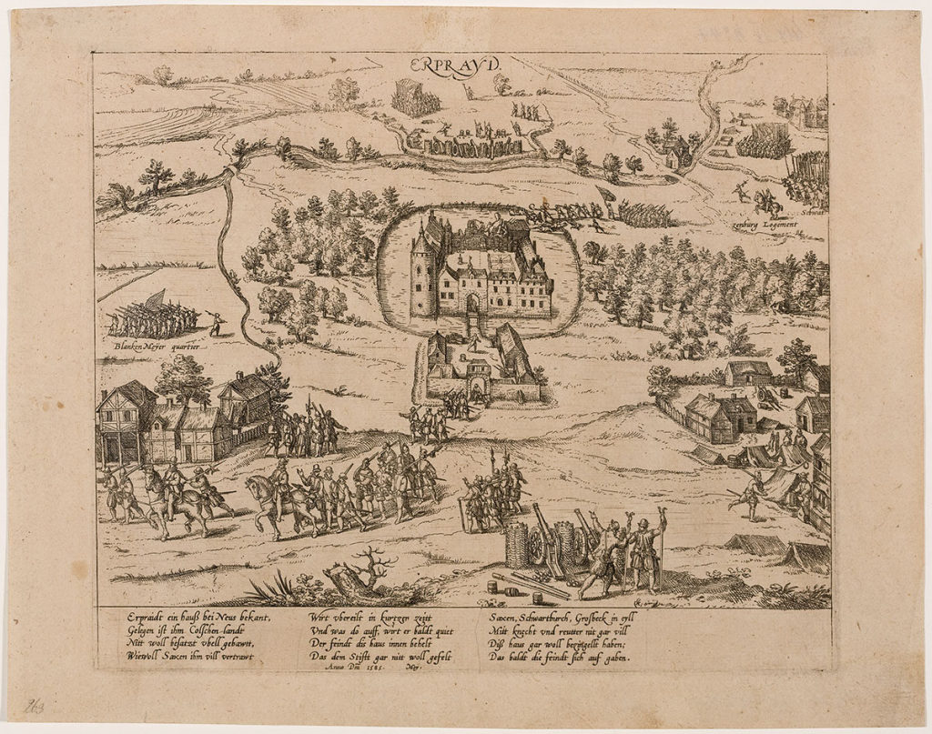 Truchsessischer Krieg / Abzug des Herzogs von Sachsen aus Schloss Erprath bei Neuss am 2. April 1585 