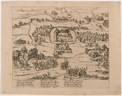 Georg Braun (Herausgeber*in), Truchsessischer Krieg / Abzug des Herzogs von Sachsen aus Schloss Erprath bei Neuss am 2. April 1585 , 1585