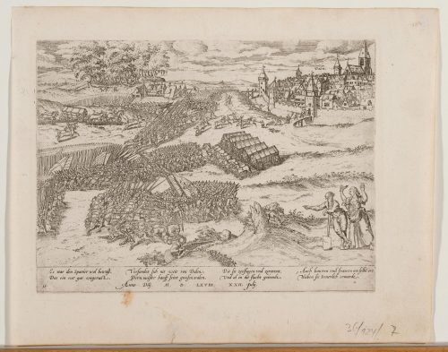 Georg Braun (Herausgeber*in), Truchsessischer Krieg / Schlacht bei Rhein-Dahlen (Daalhem / Dalen) bei Roermond am 22. Juli 1568 Spanische Truppen überfallen einen Konvoy wallonischer Religions-flüchtlinge, 1568