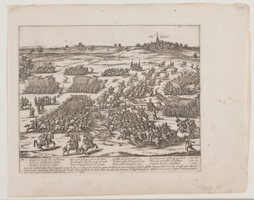 Georg Braun (Herausgeber*in), Spanisch-Niederländischer Krieg / Schlacht bei Hardenberg 17. Juni 1580. Span. Befehlshaber Graf Hollach siegt bei Hardenberch / Friesland gegen die aufständischen Niederländer. Blatt 38, 1583?